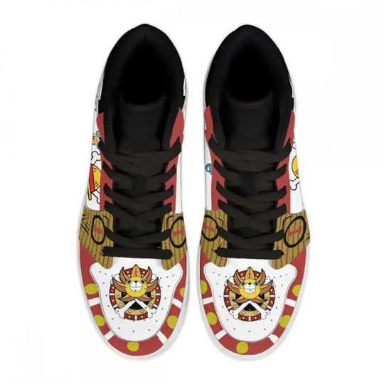 A pair of custom One Piece Basketball Shoes featuring anime designs of Luffy and Zoro, suitable as unisex sneakers.