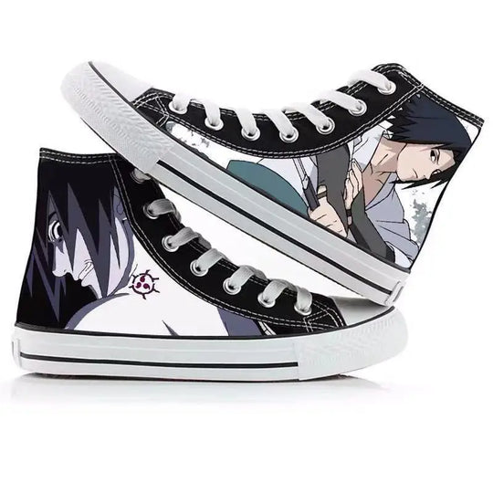 Trendy high-top Naruto Canvas Shoes featuring cool graffiti personality prints of Sasuke Uchiha, Itachi, and Kakashi for men and women.