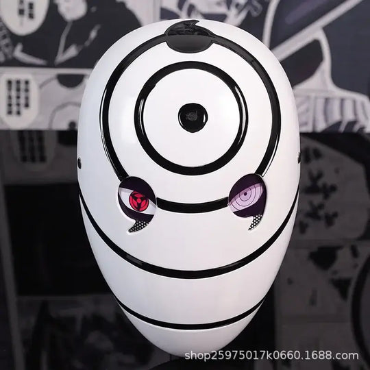 A highly imitative, high-gloss Obito Cosplay Mask featuring the Akatsuki Sharingan design for anime Halloween costumes and conventions.