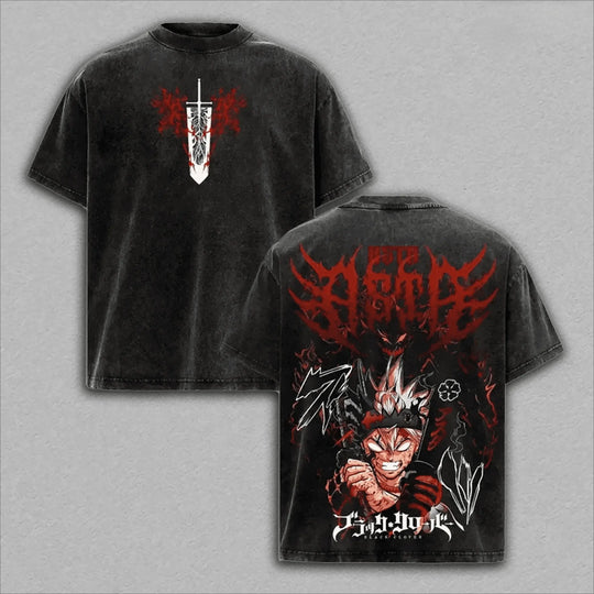 Asta Black Clover Vintage Washed T-Shirt close-up showing character artwork and washed fabric finish