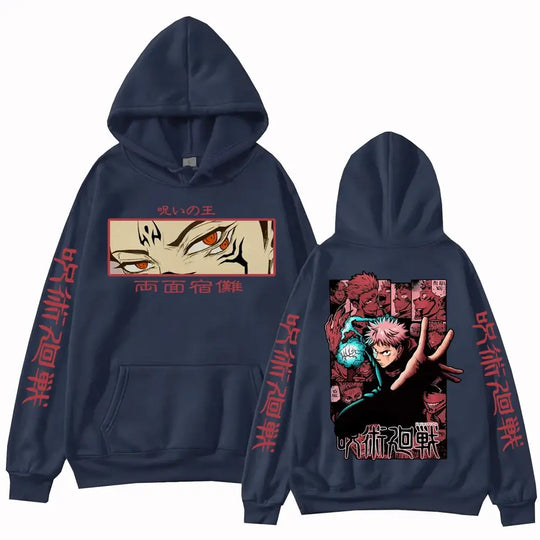 Itadori Hoodie Jujutsu Kaisen Harajuku Pullover close-up Itadori character design detail hood drawstring fabric texture