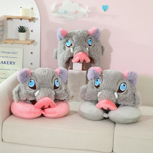 Close-up of Inosuke Boar Head Plush Cosplay Neck Pillow plush boar head detail hat cloak quality