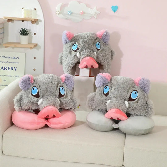 Close-up of Inosuke Boar Head Plush Cosplay Neck Pillow plush boar head detail hat cloak quality