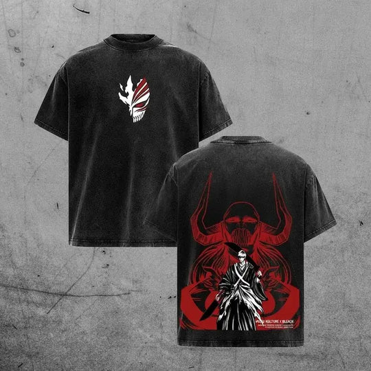 Ichigo Kurosaki Ink Sketch Kanji Double-Sided T-Shirt featuring vintage wash and oversized style.