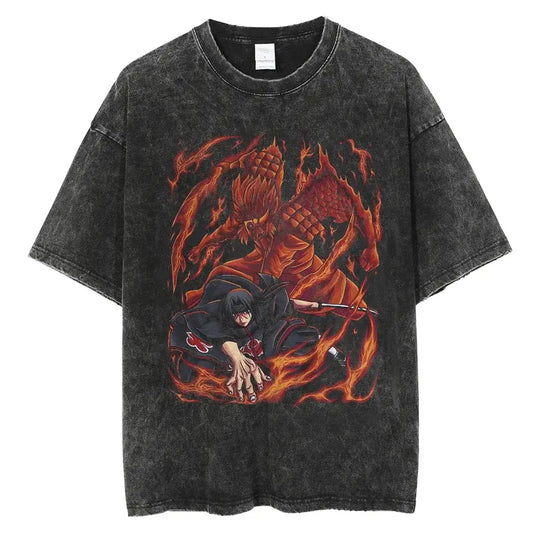 A man wearing the vintage black Japanese Anime Naruto Print T Shirt in a Harajuku hip hop streetwear style.