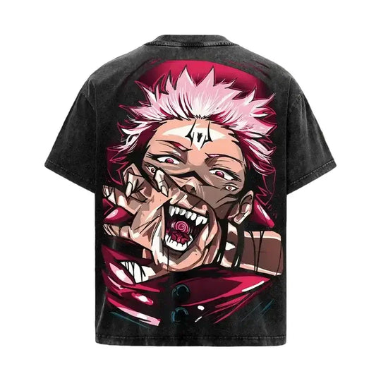 Ryomen Sukuna Jujutsu Kaisen Vintage Washed T-Shirt with vibrant graphic design on back, showcasing the character's fierce expression.