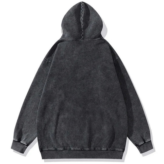 One Piece Vintage Washed Oversized Hoodie back view, black cotton streetwear with a loose fit and hood.