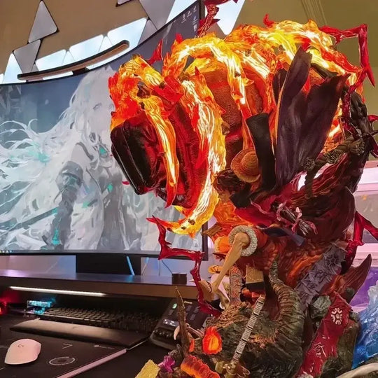 A dynamic Luffy Gear 3 Figure made of PVC, featuring glowing LED Red Roc fire effects, designed as a GK anime collectible statue.