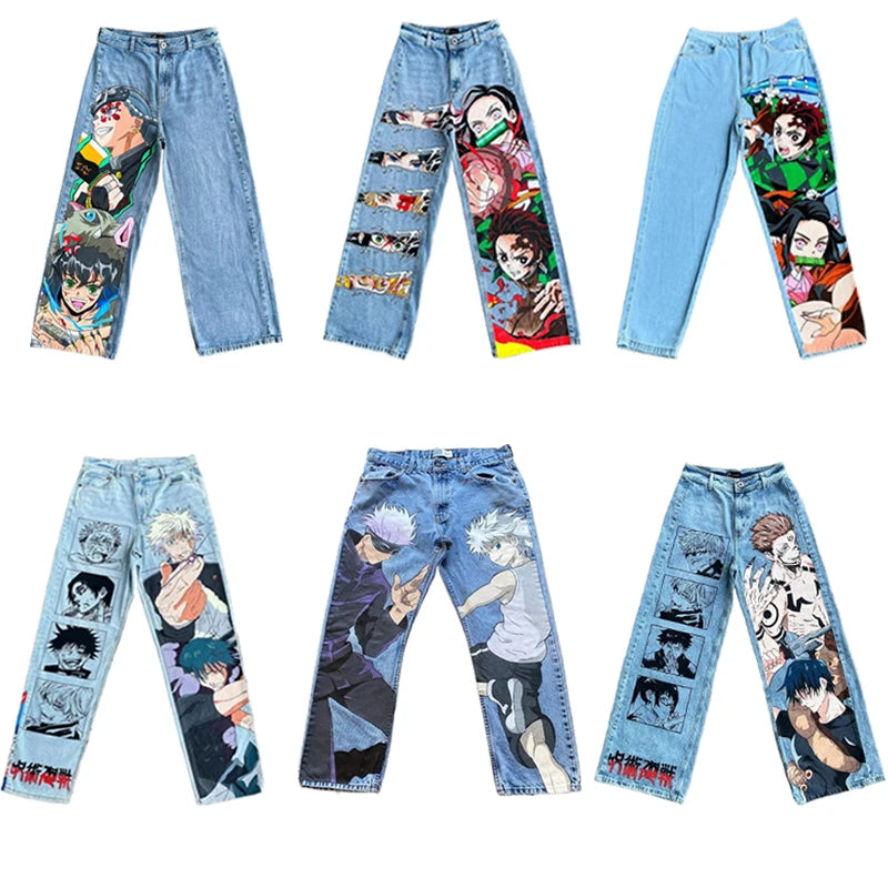 Trendy Y2K Anime Baggy Jeans featuring a Harajuku graphic print pattern, designed as high-waisted vintage streetwear for men and women.