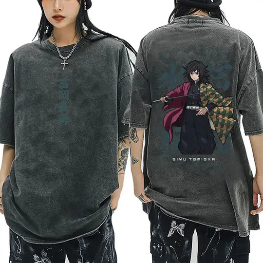 A washed black Demon Slayer Vintage T-Shirt made of 100% cotton, featuring an oversized cartoon anime graphic for men and women.