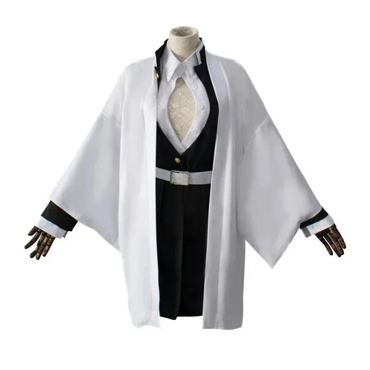 A complete Mitsuri Kanroji Cosplay Costume featuring the white haori, black uniform dress, and pink-green gradient wig for adults and children.