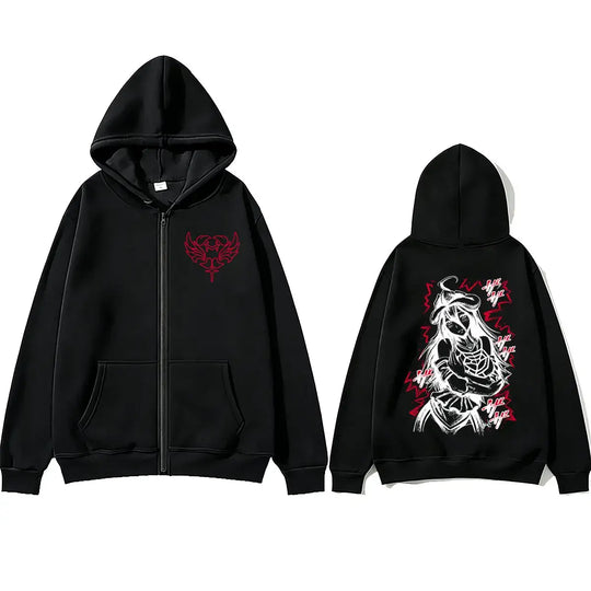 Albedo Overlord Vintage Zip Up Hoodie featuring a black fleece design with unique graphic prints on front and back.