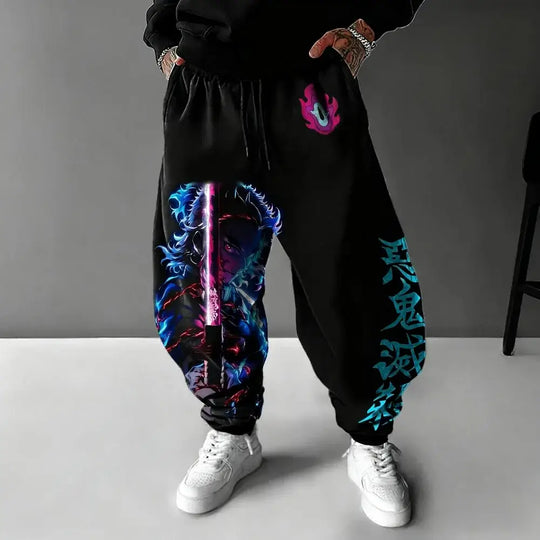 A pair of pure cotton Tokito Muichiro Jogger Pants featuring Japanese anime Demon Slayer graphic prints, designed as casual men's sport trousers.