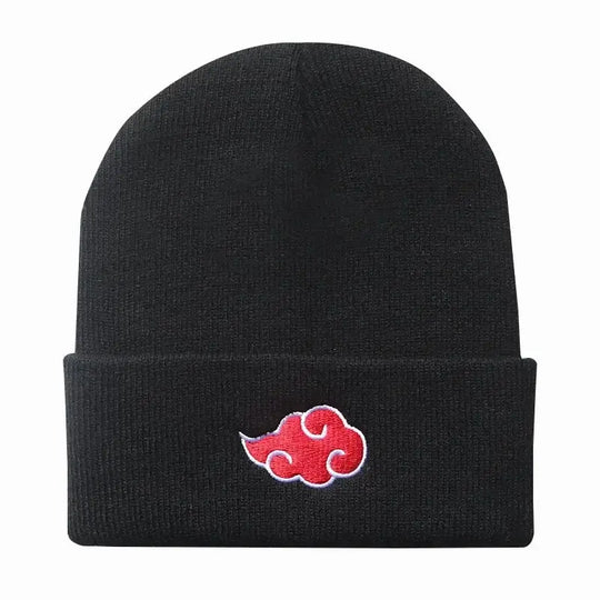 A black knitted Akatsuki Beanie featuring the red cloud embroidery symbol, designed as a warm unisex winter hat for men and women.