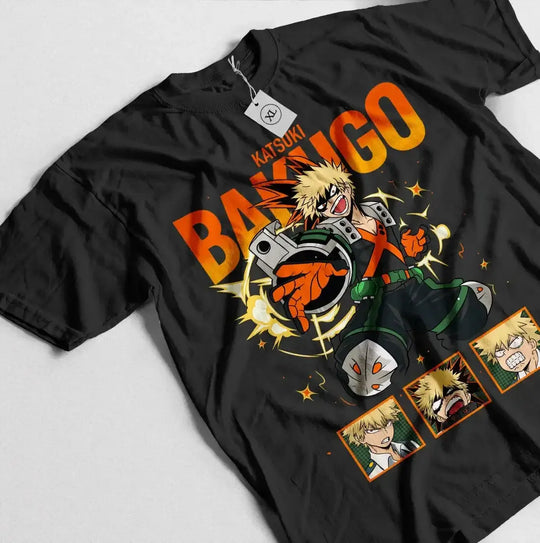 A premium Katsuki Bakugo T-Shirt featuring explosive anime manga art of the My Hero Academia hero Dynamight for men and women.