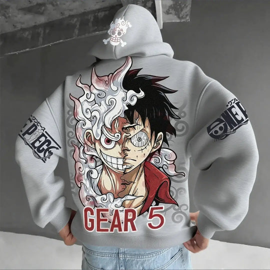 A streetwear One Piece Luffy Gear 5 Nika Anime Hoodie, a casual pullover for men and women's autumn and winter cosplay.