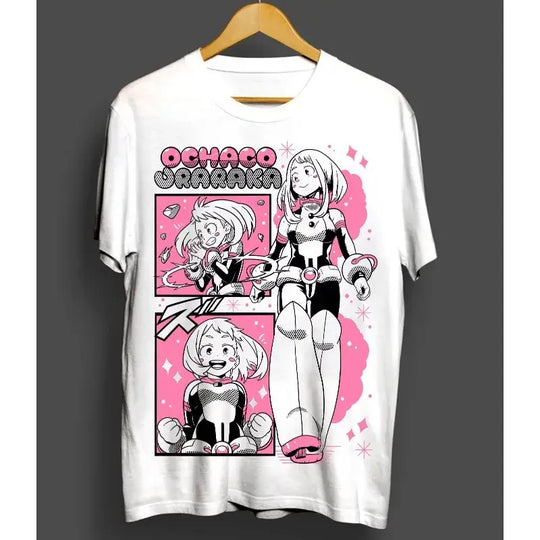 A trendy oversized Ochaco Uraraka T-Shirt featuring cute Uravity anime graphic art, designed as unisex summer cosplay fashion.
