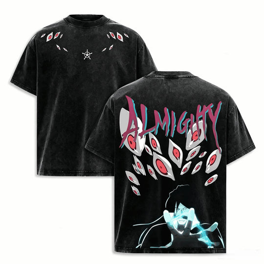 BLEACH Y2K Oversized T-Shirt featuring a unique design with 'ALMIGHTY' text and eye motifs on a black background.