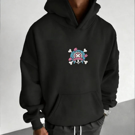 A loose-fit Tony Tony Chopper Hoodie featuring a cute anime graphic print, designed as American street hip hop wear for men and children.