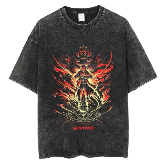 Fullmetal Alchemist Vintage Washed Hip Hop T-Shirt featuring a bold design with vibrant colors and anime-inspired graphics.