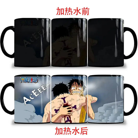 A ceramic One Piece Color Changing Mug revealing Gear 5 Nika Luffy and Fire Fist Ace artwork when filled with hot liquid.