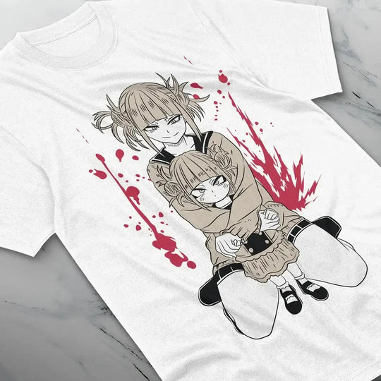 Vintage Anime T-Shirt featuring a graphic of two girls with red splashes, harajuku style design.