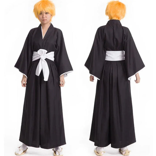 A complete Bleach Kuchiki Rukia Cosplay costume featuring the black Shinigami Shihakusho kimono and white sash, perfect for Thousand-Year Blood War reenactments.