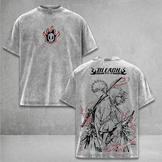 Ichigo Rukia Bleach Washed Oversized T-Shirt Cotton Tee