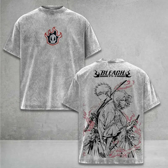 Ichigo Rukia Bleach Washed Oversized T-Shirt O-neck cotton design shown from the back