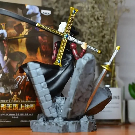 A detailed 15cm Dracule Mihawk Figure made of PVC, featuring "Hawk Eyes" holding the Black Blade Yoru, perfect for One Piece anime collection.