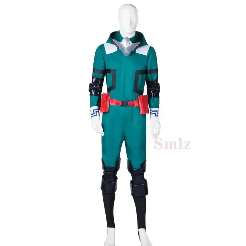 A complete unisex Anime My Hero Academia Midoriya Izuku Deku Battle Cosplay Costume set, with the green Halloween wig hair.