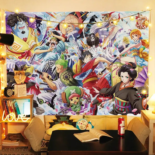 A large One Piece Luffy Tapestry hanging on a bedroom wall, featuring vibrant anime graphic art for men's room decoration.
