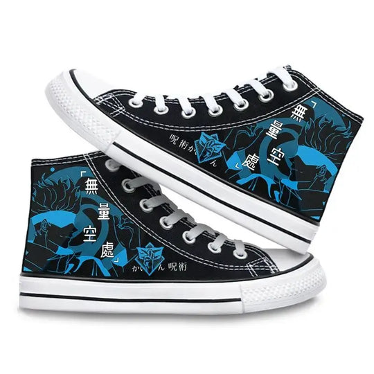 Jujutsu Kaisen Canvas Shoes: Gojo & Megumi high-top sneakers featuring black design and vibrant blue graphics.