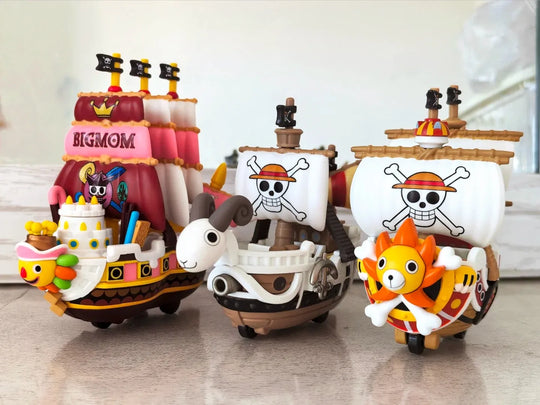 A Pop Mart One Piece Vehicles blind box packaging containing a surprise Grand Line Series ship figure for home decoration.