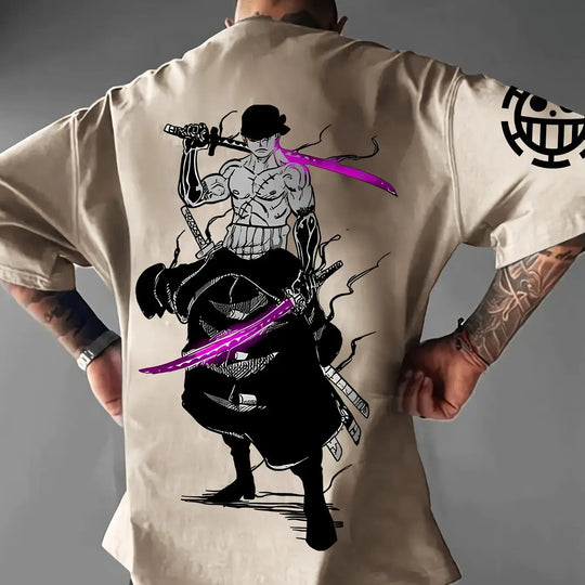 A casual Roronoa Zoro T-Shirt made of soft cotton, featuring a graphic anime print of the Pirate Hunter for men and boys.