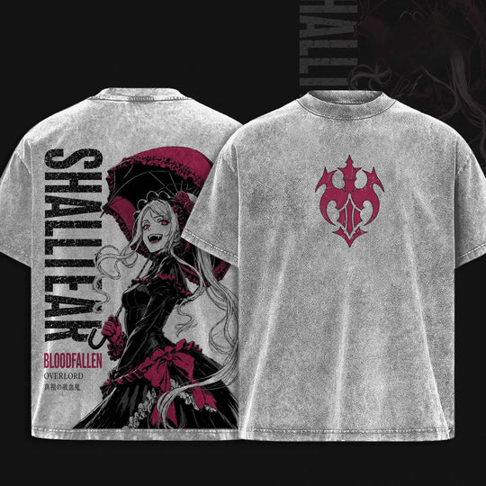 Shalltear Overlord Vintage Y2K Washed Oversized T-Shirt featuring Bloodfallen design in dark fantasy style.