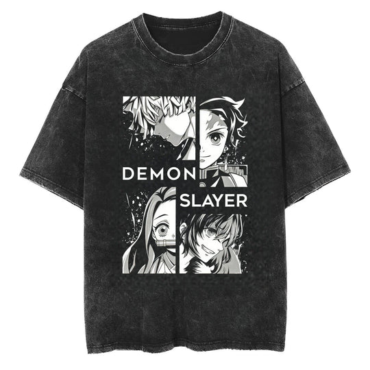 Demon Slayer T-Shirt Washed Tanjiro Nezuko close-up character graphic print detail vintage washed cotton fabric texture