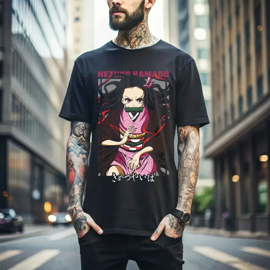A stylish Nezuko T-Shirt featuring vibrant Demon Slayer anime art and Mitsuri Kanroji motifs, designed as a premium cotton tee for fans.