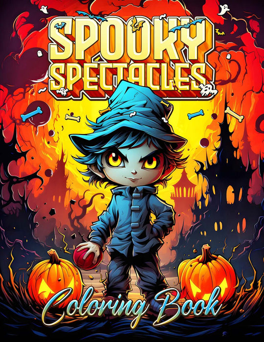 Colorful cover of 'Spooky Spectacles' Halloween coloring book featuring a playful character, pumpkins, and spooky elements.