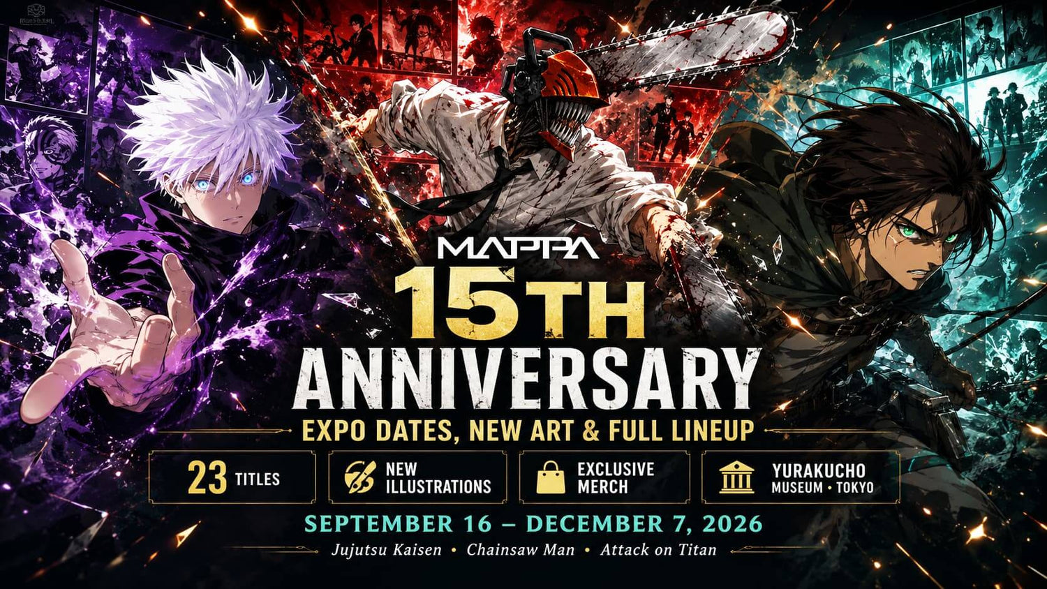 MAPPA 15th Anniversary banner featuring characters from Jujuitsu Kaisen and Attack on Titan, with event details.