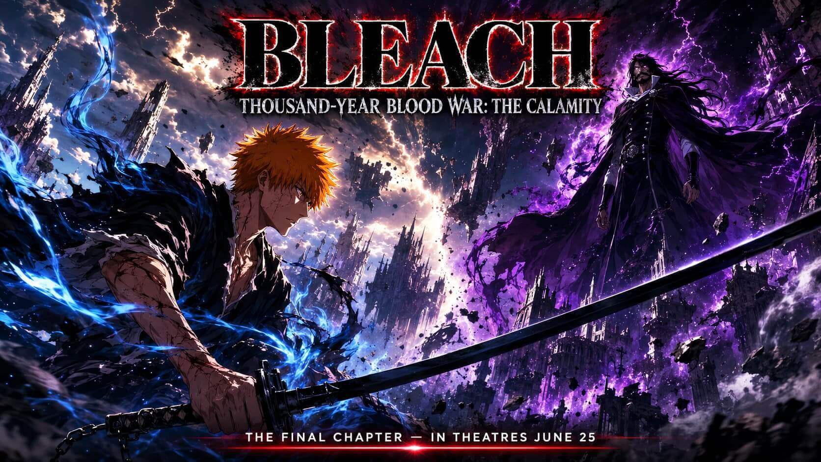 Promotional image for BLEACH Thousand-Year Blood War The Calamity featuring Ichigo and a shadowy opponent.