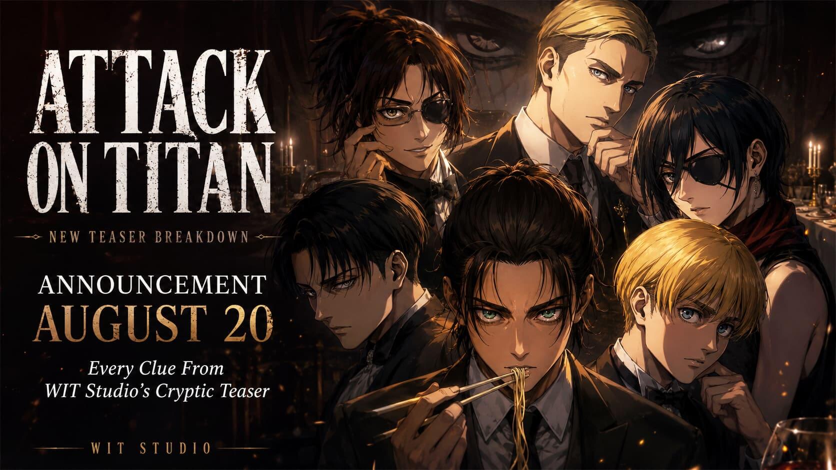 Attack on Titan Announcement teaser image featuring key characters with date August 20 and clues from WIT Studio.
