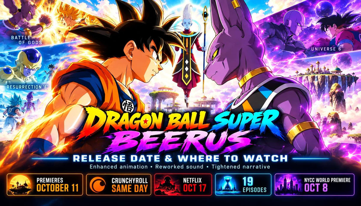 Dragon Ball Super Beerus promotional image featuring release date and where to watch details.