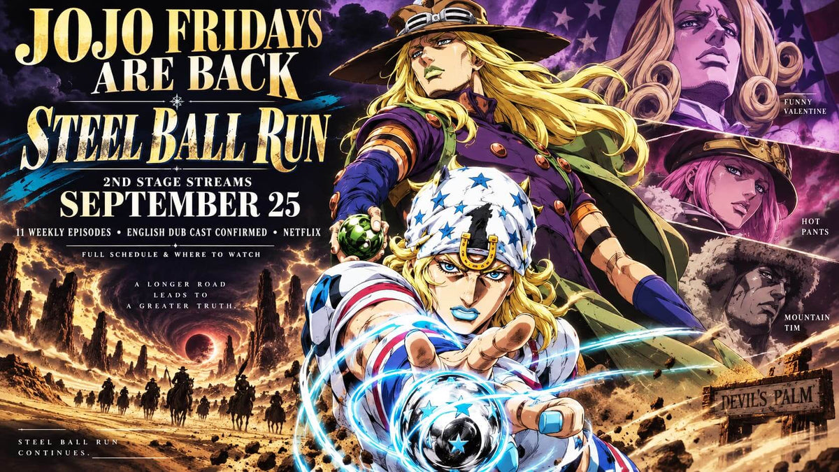JoJo Steel Ball Run promotional poster featuring characters and September 25 streaming announcement