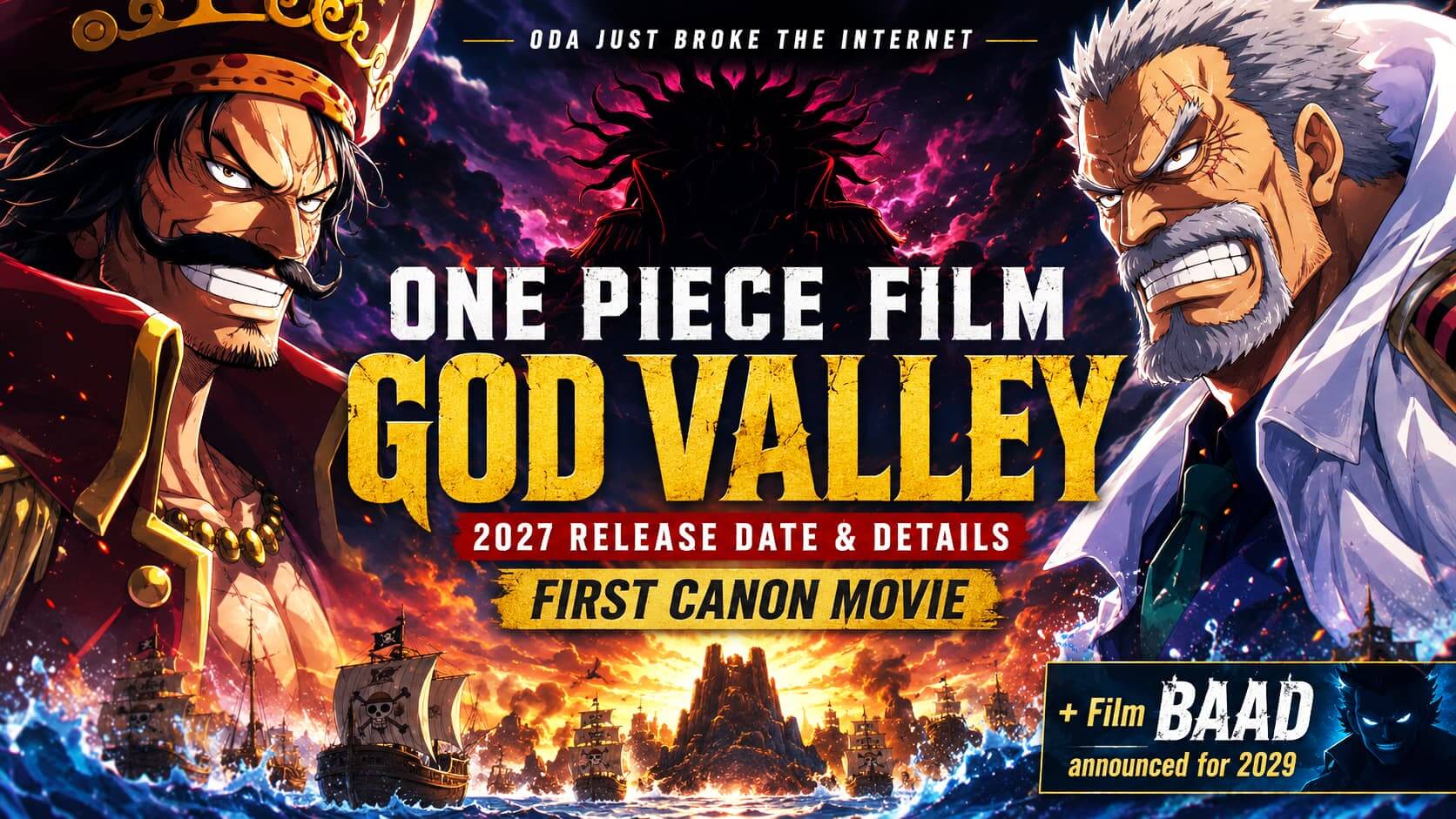 One Piece Film God Valley promotional image featuring characters, release date, and details for 2027.