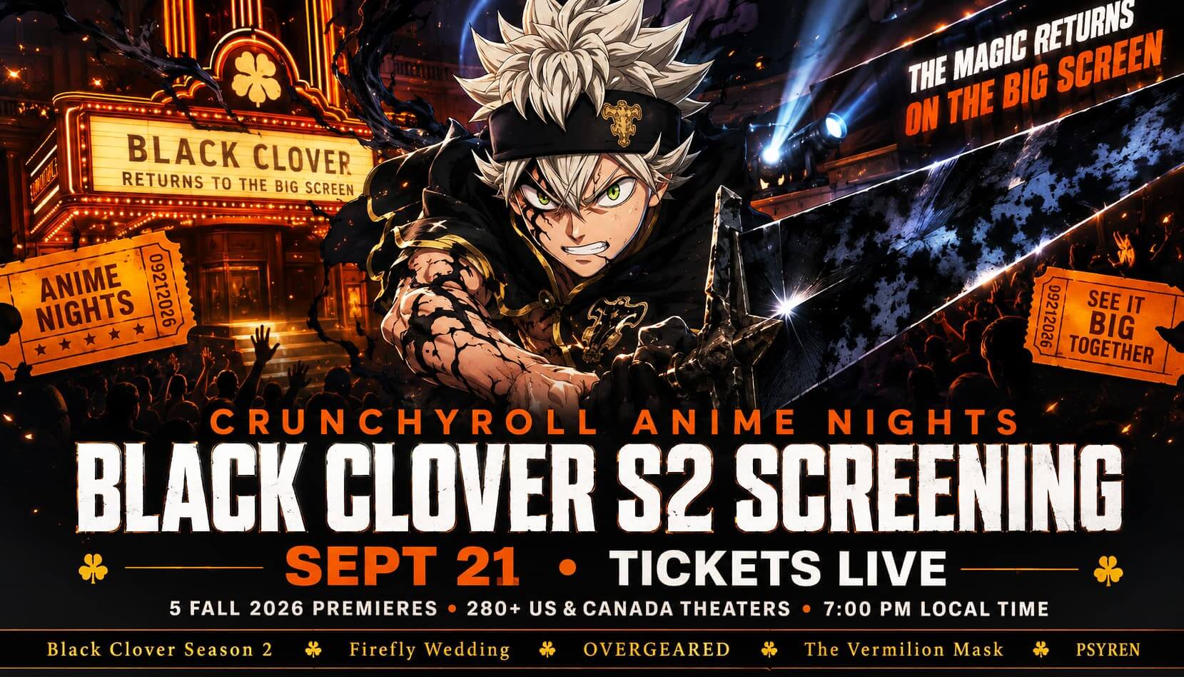 Crunchyroll Anime Nights featuring Black Clover S2 Screening on Sept 21 with tickets now live.