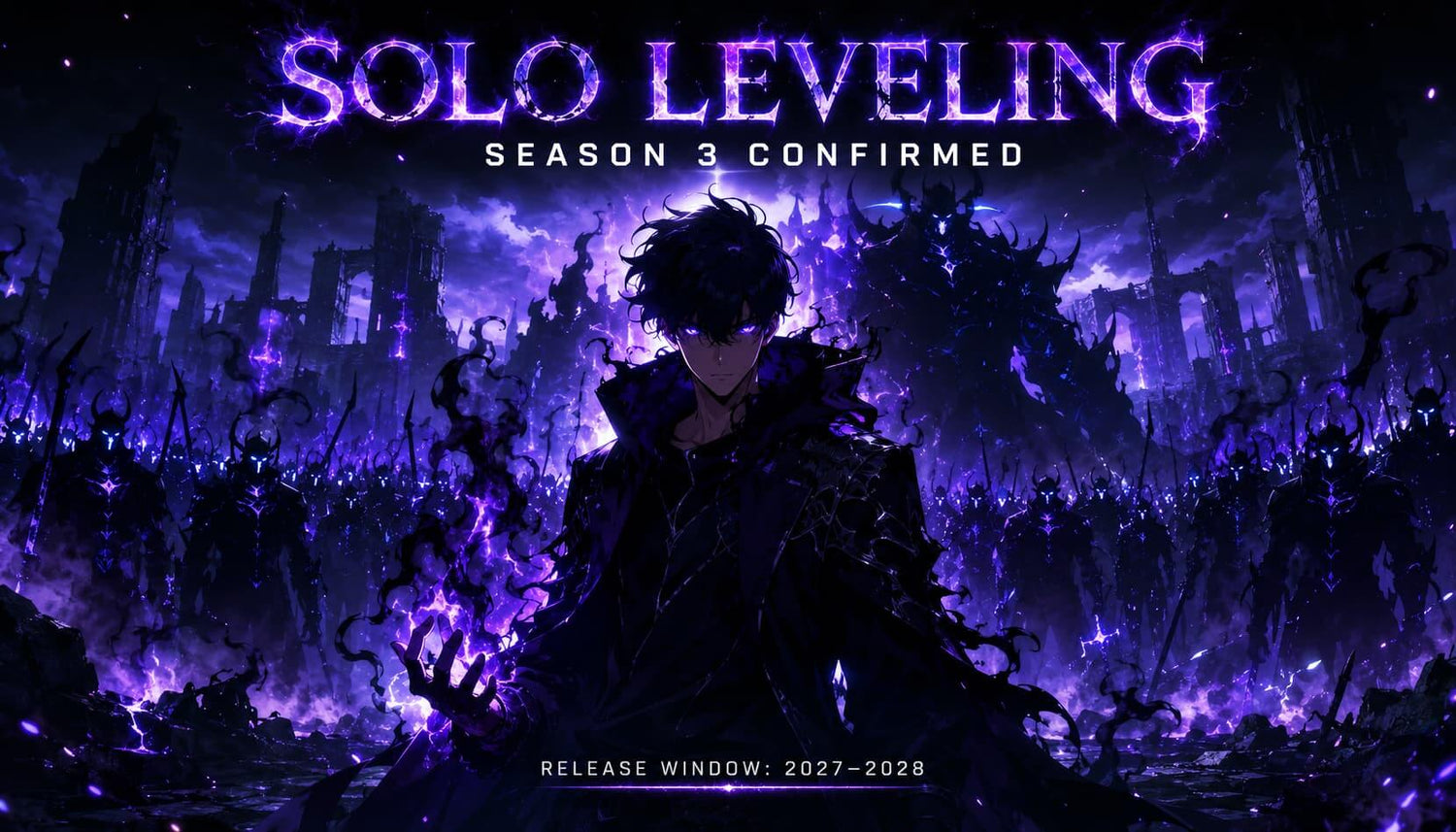 Solo Leveling Season 3 Confirmed artwork featuring a dark character and a mysterious landscape.