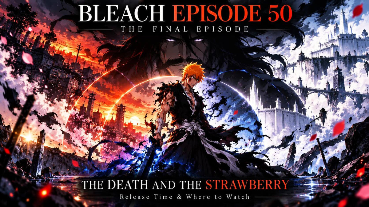 Bleach Episode 50 promotional image showcasing the final episode with dramatic artwork and character depiction.