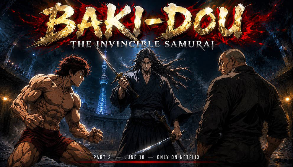 Baki-Dou The Invincible Samurai Part 2 Netflix key visual featuring Musashi Miyamoto and Baki Hanma 2026