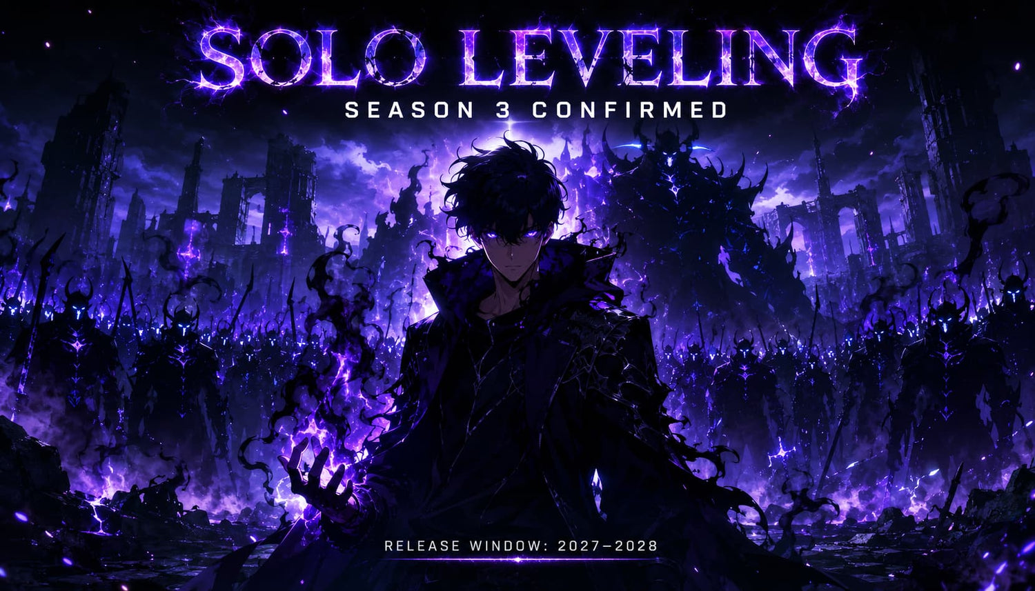 Solo Leveling Season 3 Confirmed artwork featuring a dark character and a mysterious landscape.